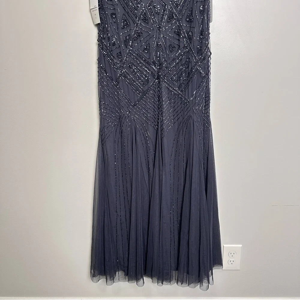 Pisarro Nights Slate Blue Geometric Beaded Sleeveless Gown D-2621 Size 14 - Picture 8 of 13